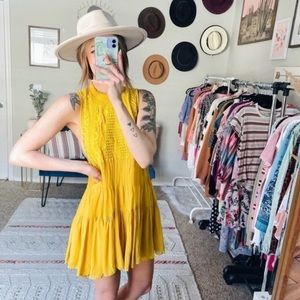 Free People Yellow Beaded Embroidered High Neck Tunic Dress